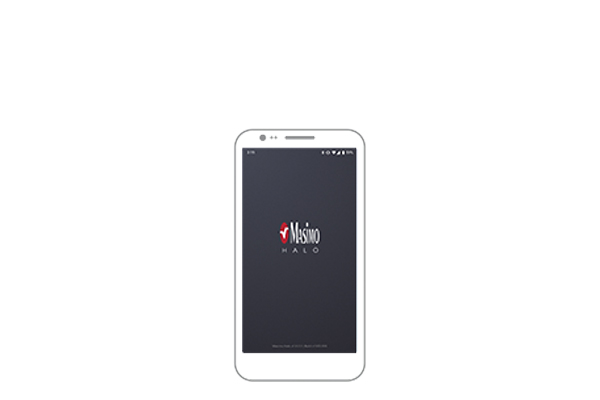 Dessin au trait illustrant un appareil mobile affichant l’écran de démarrage de l’application Masimo Halo
