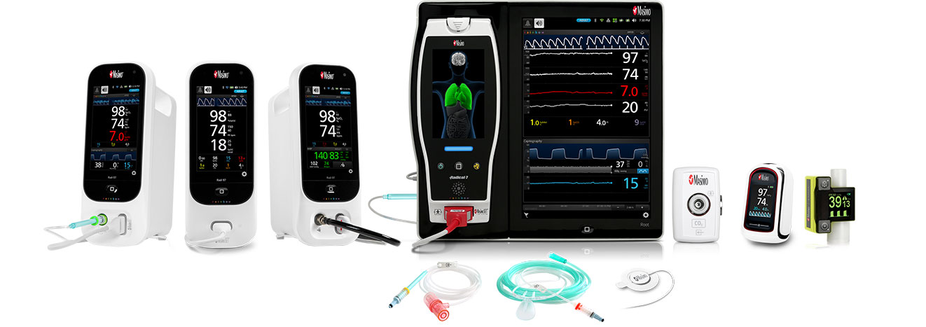 Gamme Masimo – Rad-97™ avec capnographie NomoLine, Rad-97, Rad-97 avec pression artérielle non invasive, Root® avec ISA™ CO2, MightySat Rx, Lignes d’échantillonnage EMMA® NomoLine™, Capteur RAS-45